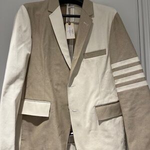 Thom Browne Men’s Funmix Selvedge Denim Blazer Size 3 Tan 4 Stripe MSRP $2100